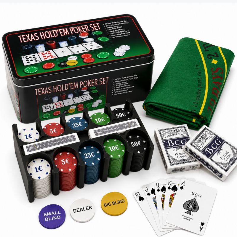 FICHAS DE POKER con dos juegos de cartas, mantel y ciegas X200PCS
