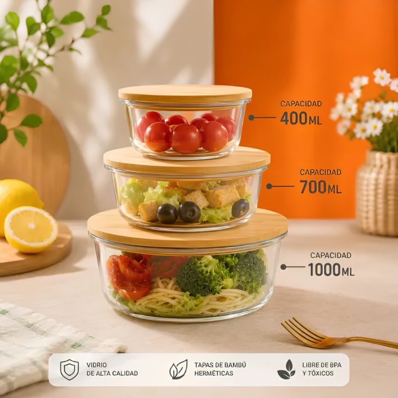 Set Tuppers Vidrio Con Tapa Madera Circ Fresh Bowl